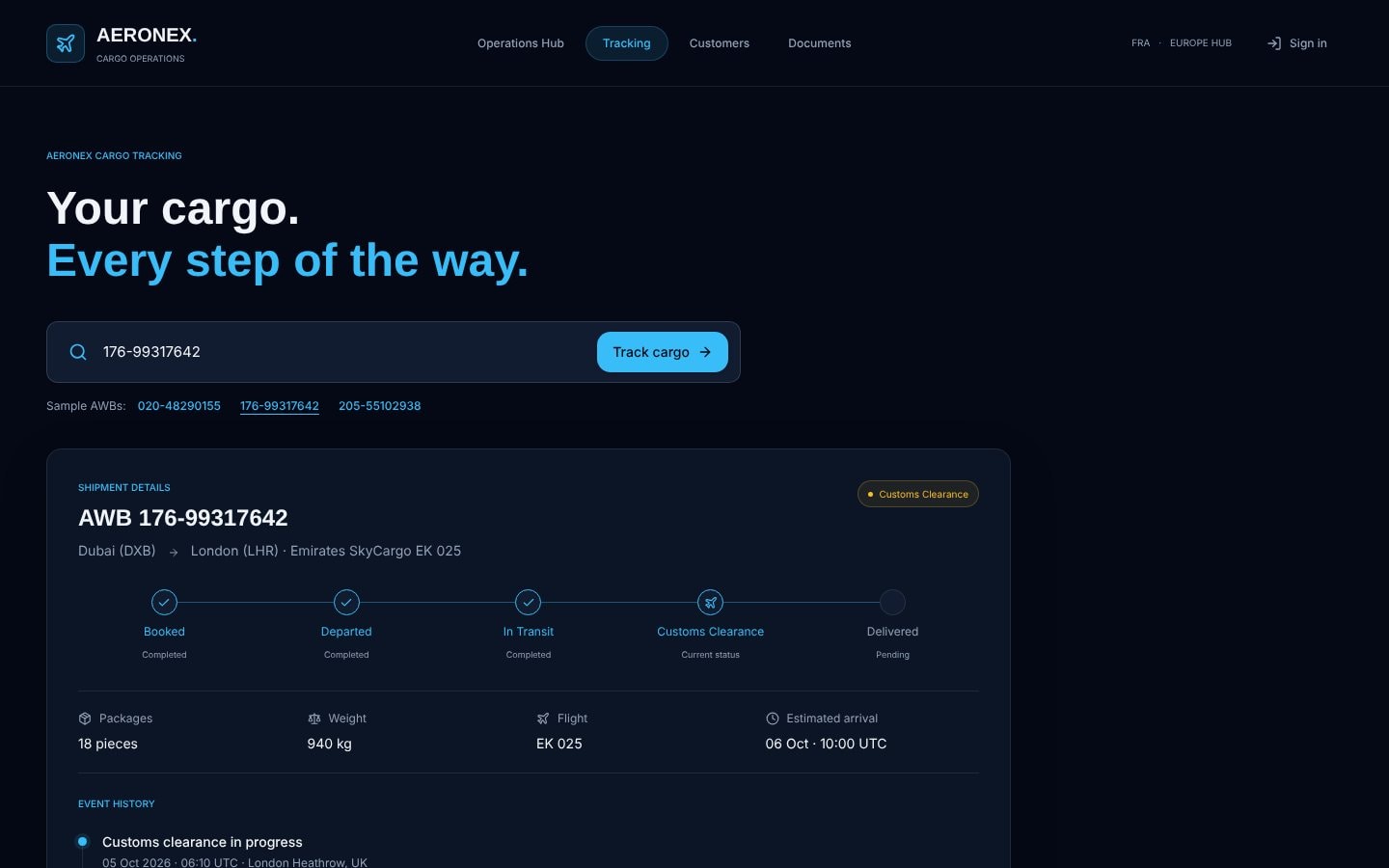 Air Cargo Logistics System — Customer tracking: one field, one button