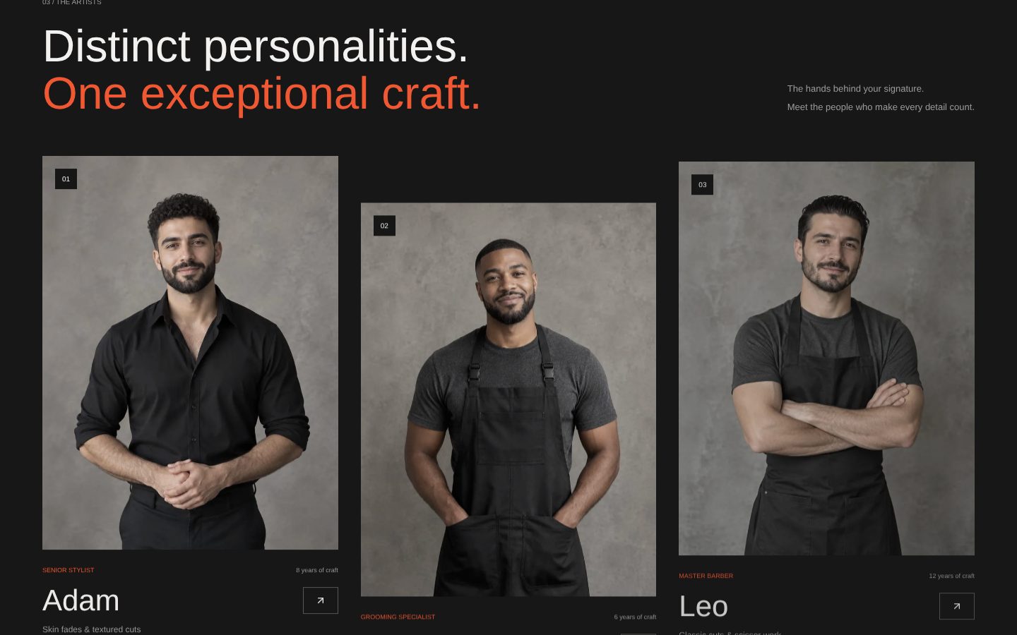Form & Fade — Barbershop Website — The barbers, with specialties and a direct Book button