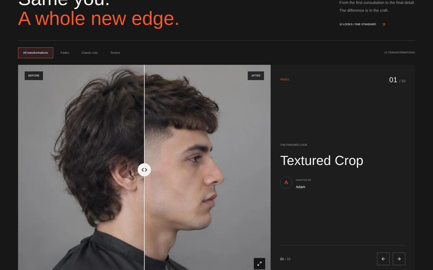 Form & Fade — Barbershop Website — Before/after slider: proof of the work