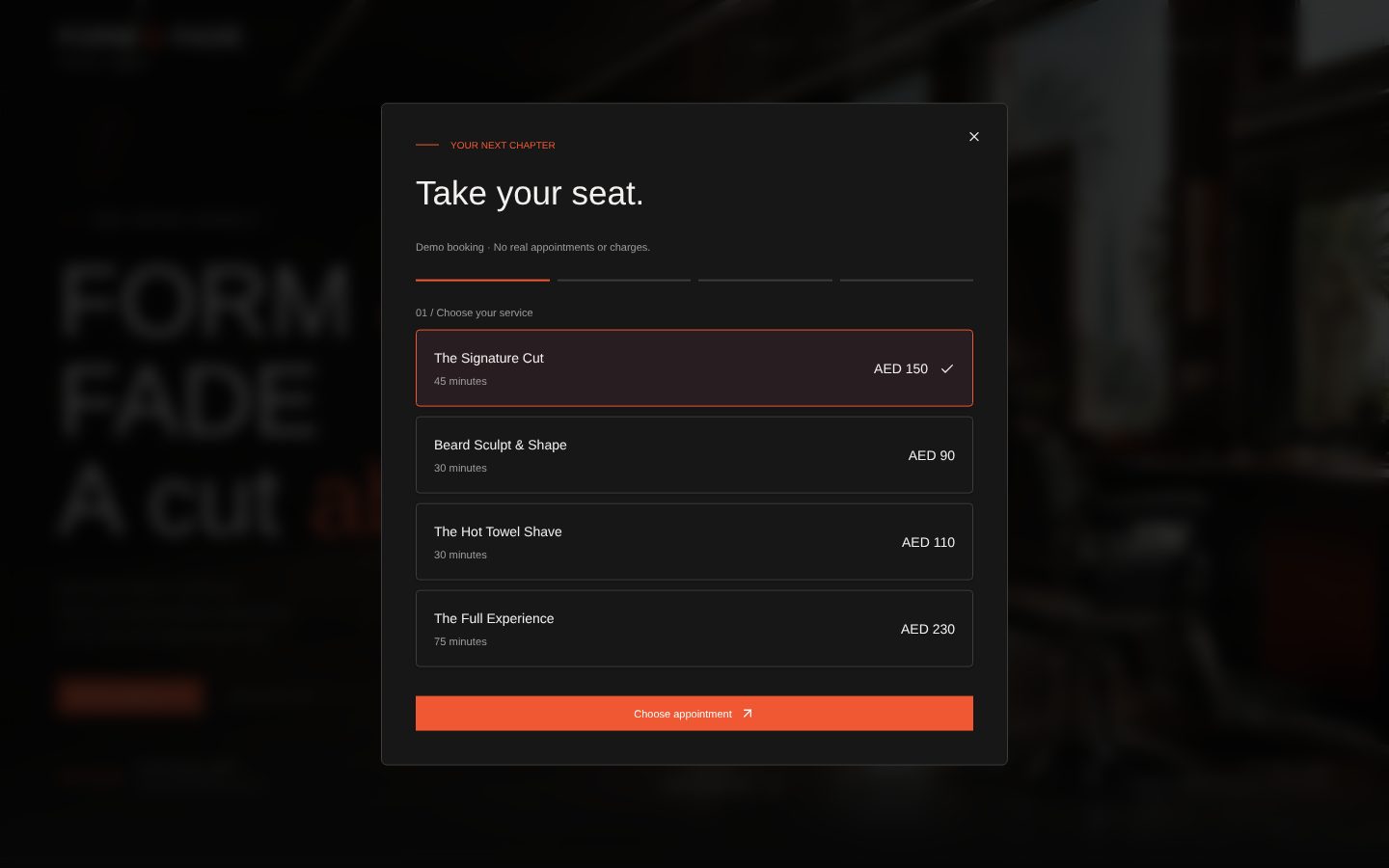 Form & Fade — Barbershop Website — Booking flow: service, time, details, confirmation