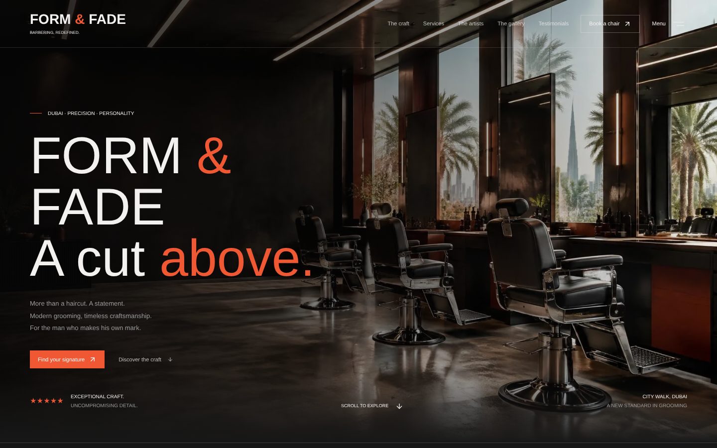 Form & Fade — Barbershop Website — First screen: who you are, where you are and a Book button