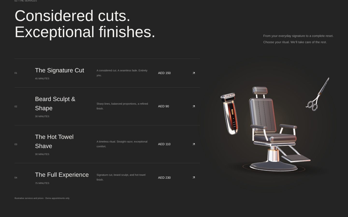 Form & Fade — Barbershop Website — Services with duration and price, no need to ask