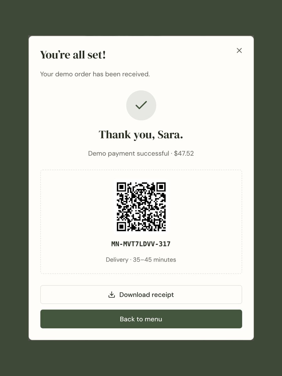 MenuFolio Showcase Templates — Order confirmation with ticket number, QR code and receipt