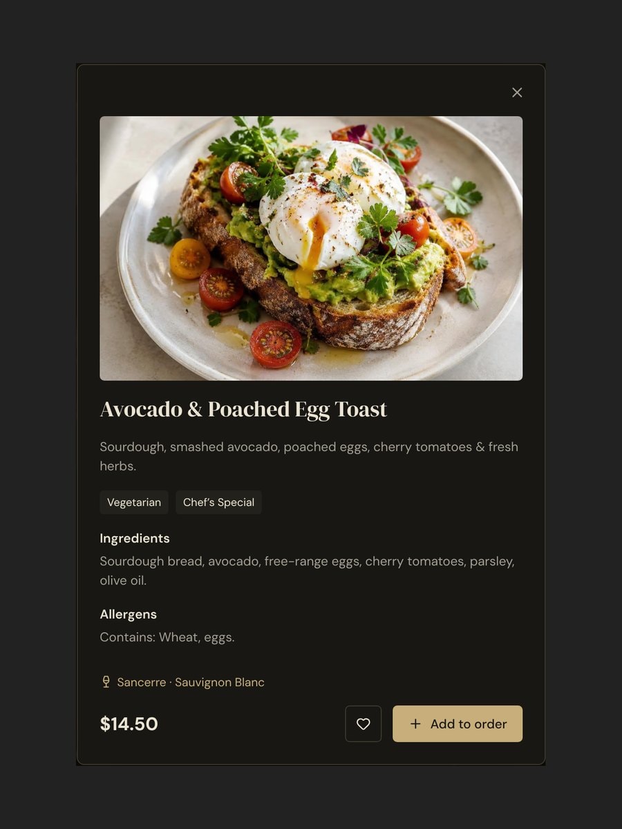 MenuFolio Showcase Templates — Dish details: ingredients, allergens and wine pairing