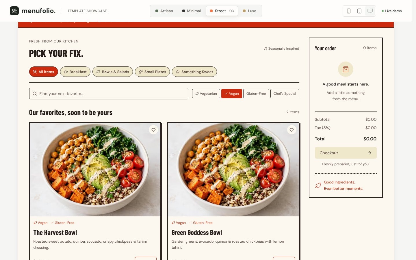 MenuFolio Showcase Templates — Street style with a Vegan filter: only what the guest can eat