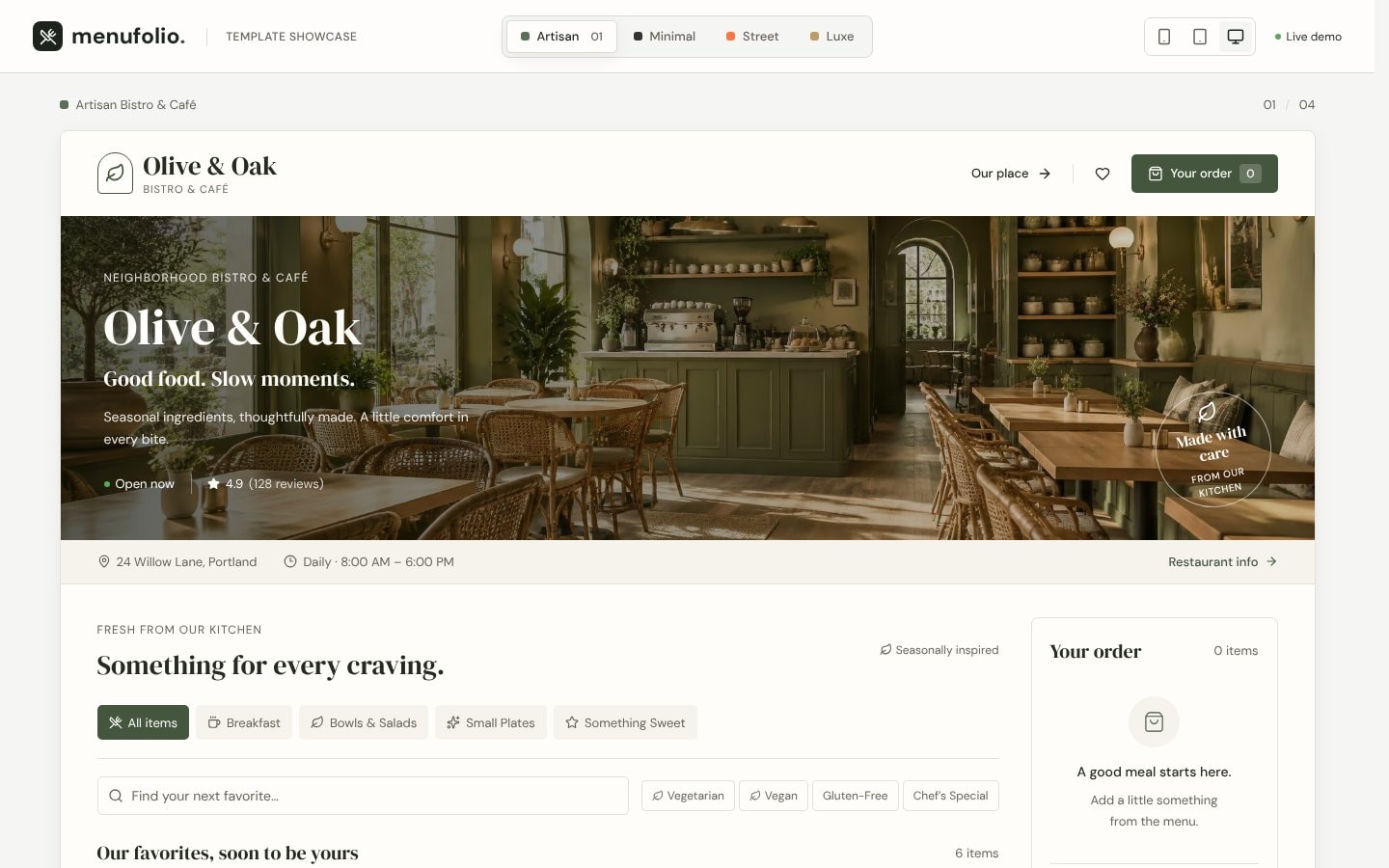 MenuFolio Showcase Templates — Artisan café style: who you are, when you are open, what’s on the menu
