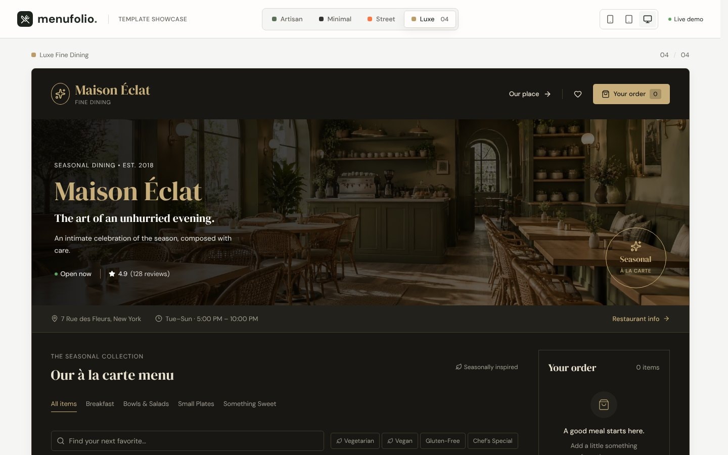 MenuFolio Showcase Templates — Luxe fine-dining style: the same menu, a completely different feel