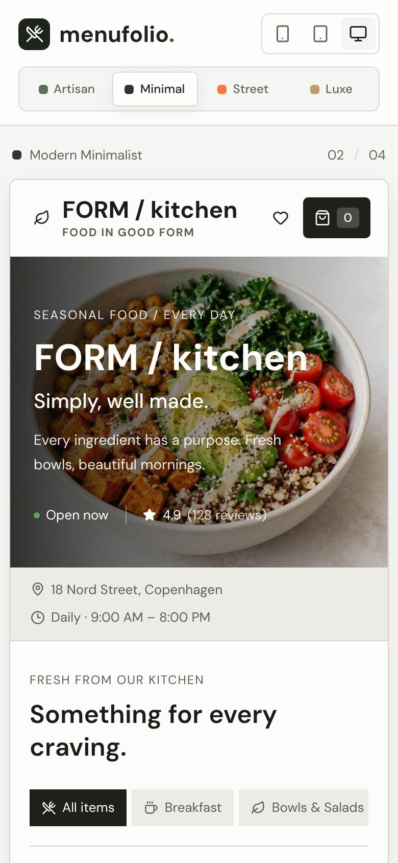 MenuFolio Showcase Templates — Mobile-first: the minimal style on a phone